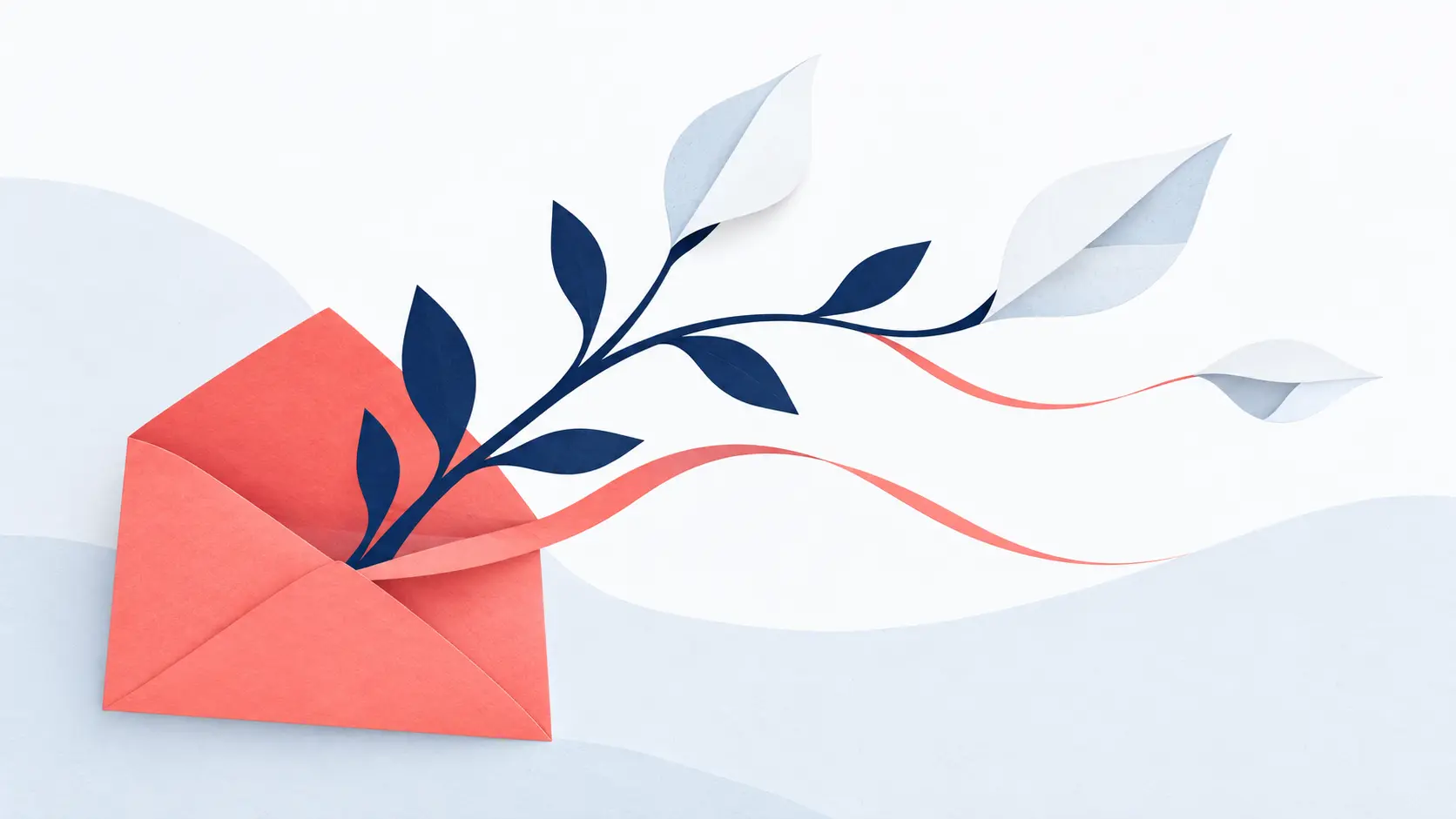 Une branche bleu nuit aux feuilles claires sort d’une enveloppe corail ouverte, accompagnée de rubans ondulants.