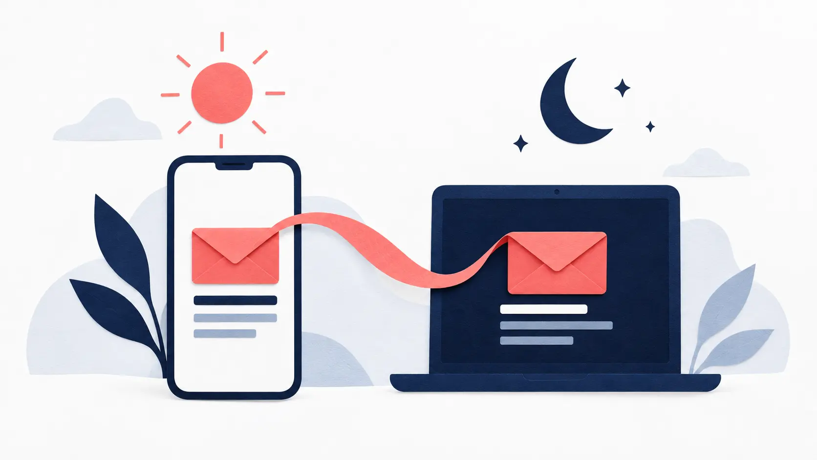 Un téléphone clair et un ordinateur sombre affichent des enveloppes corail, sous un soleil et un croissant de lune.