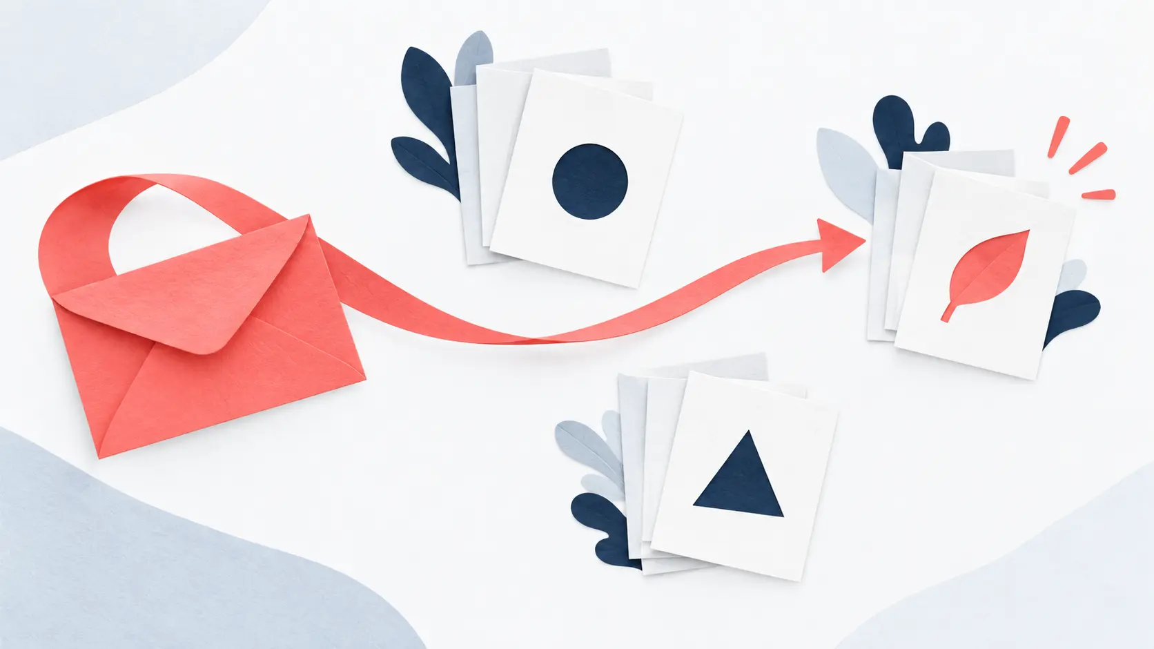 Une enveloppe corail fait face à trois groupes de fiches marqués d’un cercle, d’un triangle et d’une feuille.